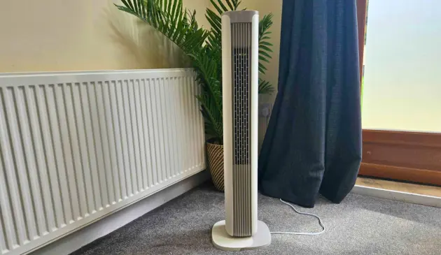 The Meaco Sefte Smart 36" Tower Fan in a living room