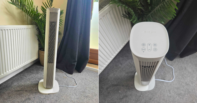 The Meaco Sefte Smart 36" Tower Fan from the front and above