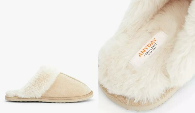 Microsuede Faux Fur Mule Slippers, Beige