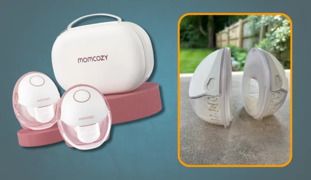 momcozy m6 review image featuring stock image of the pump and the pump in testing