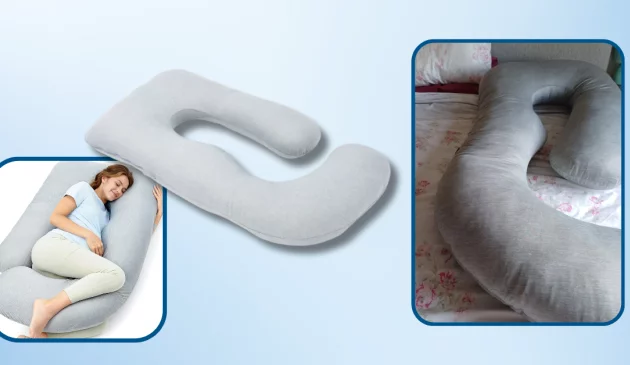 Momcozy pregnancy pillow review main image featuring pillow as a standalone product, in testing and in use