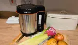 Morphy Richards Compact Soup Maker stainless steel design on kitchen worktop with bread bin and fresh produce