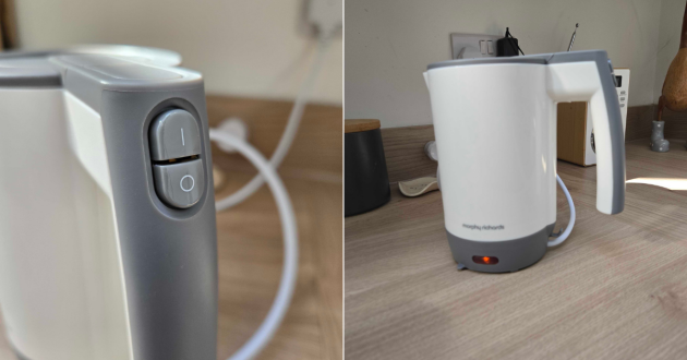 Close-up of Morphy Richards kettle on-off switch and kettle on kitchen worktop