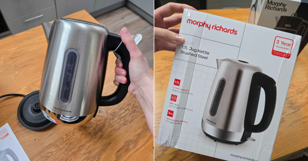 Morphy Richards' Equip kettle in and out of its box showing the water window
