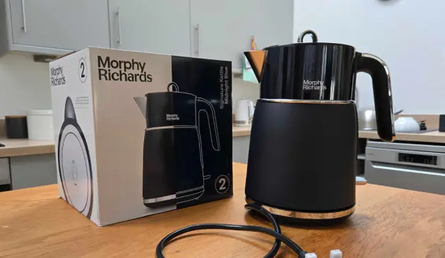 The Morphy Richards Signature Jug Kettle shown atop a kitchen counter