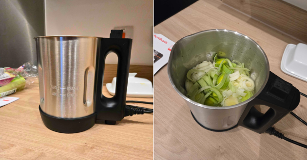 Morphy Richards Soup Maker preparation showing chopped leeks and vegetables in jug and adding liquid ingredient to blended soup mixture