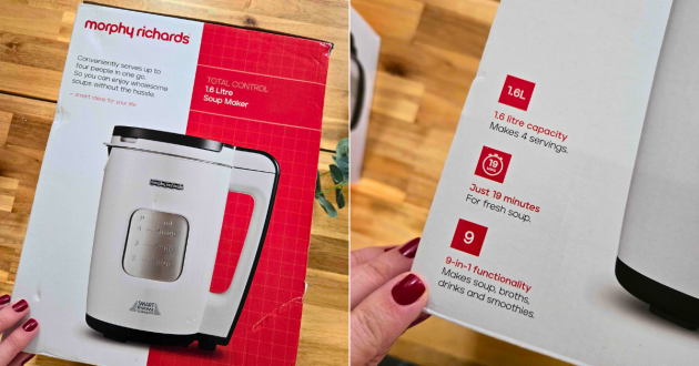 Morphy Richards soup maker product packaging showing 1.6L capacity makes 4 servings in 19 minutes with 9-in-1 functionality