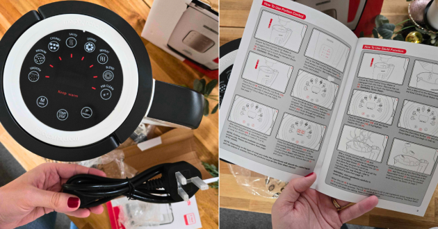 Soup maker control dial closeup and instruction manual showing how to use saute function and cooking programs with power cable