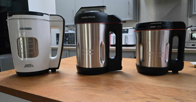 Morphy Richards soup makers comparison showing Compact, Saute & Soup Maker and Total Control models side by side on a kitchen table