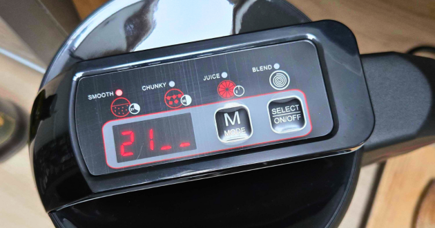 Morphy Richards Saute & Soup Maker control panel showing smooth, chunky, juice and blend settings with LED timer display
