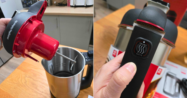 A close up of the blade and saute button on the Morphy Richards soup maker