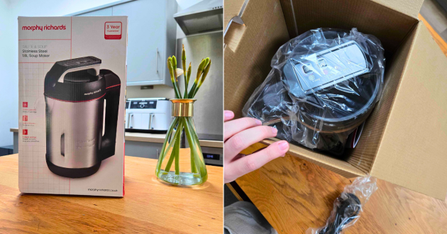 Morphy Richards Saute & Soup Maker box and appliance unpacked on a kitchen table during setup