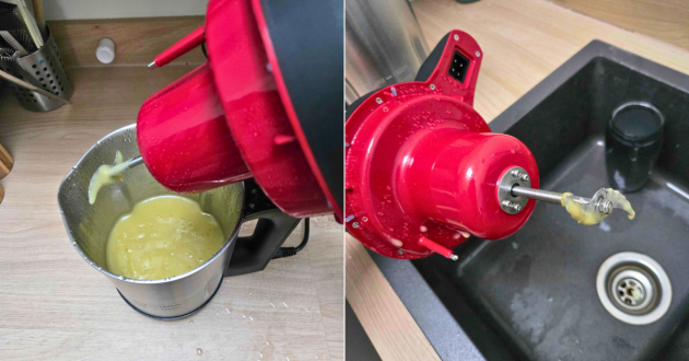 Finished potato and leek soup inside the Morphy Richards Saute & Soup Maker with lid removed after cooking cycle