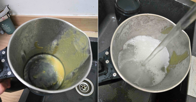 Inside of Morphy Richards Saute & Soup Maker jug after cooking, showing residue at the base before cleaning