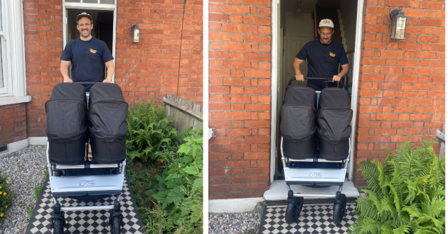 Father pushing the Mountain Buggy Duet out his front door