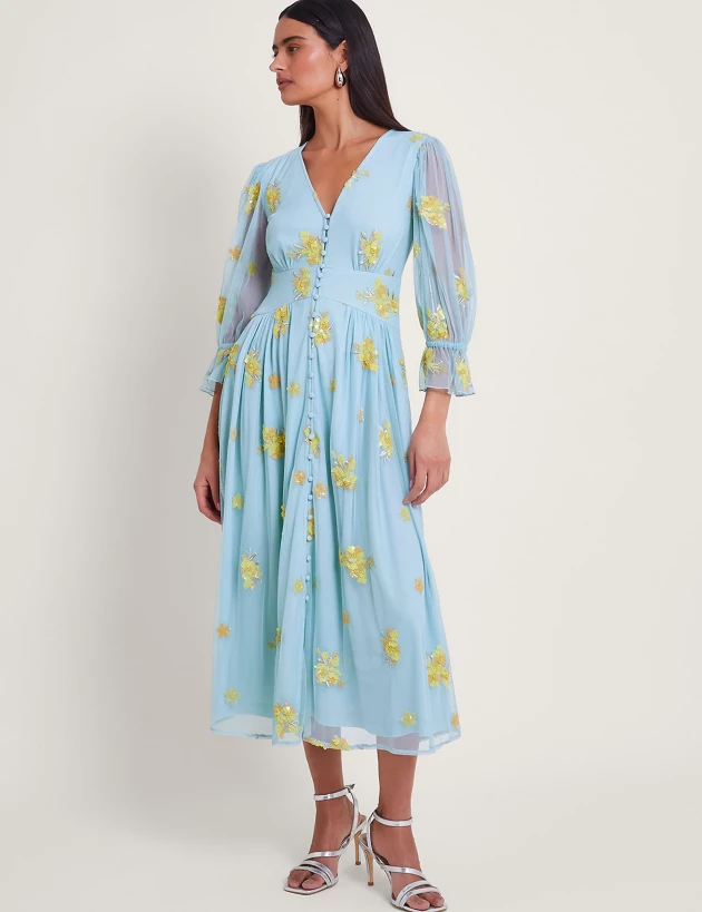 Monsoon Embroidered V-Neck Midi Tea Dress