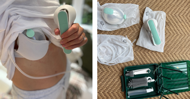 Mum using Elvie Wave Manual breast pump