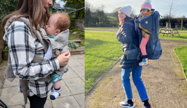 Mums using a front and back baby carrier