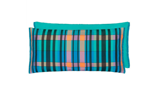 A bright turquoise checked cushion from Designers Guild