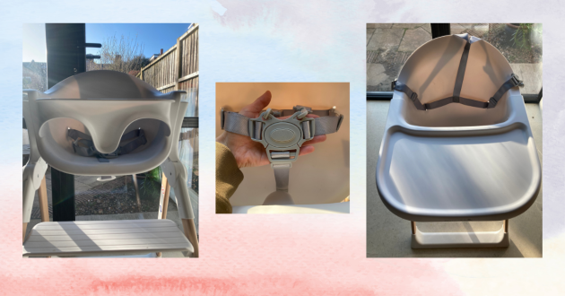 Munchkin Float highchair review image of highchair in testing including close up of tray, harness and front of highchair