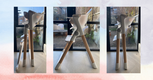 Munchkin Float highchair in testing showing folding functionality