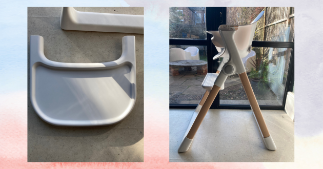 Munchkin Float highchair review image showing close up of tray and side view of chair