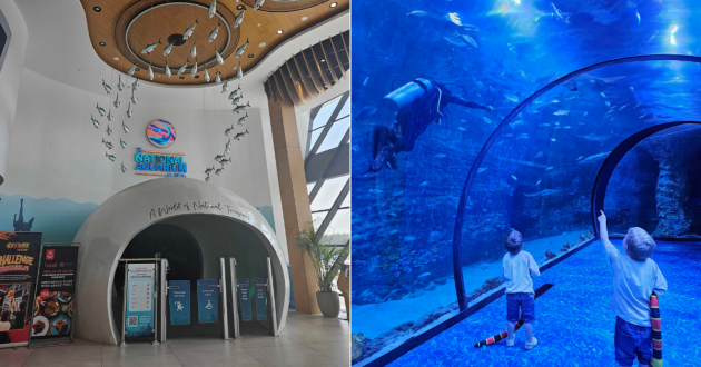 On the left, the entrance of the National Aquarium in Abu Dhabi and on the right, two children watch a scuba diver