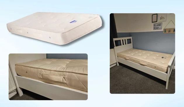 Naturalmat Natural Teen Mattress review hero image featuring standalone mattress and mattress in testing