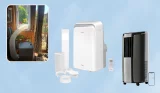 A collage of 3 of the best portable air conditioners against a blue background