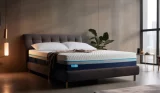 A hybrid mattress on a bed in a moodily lit bedroom
