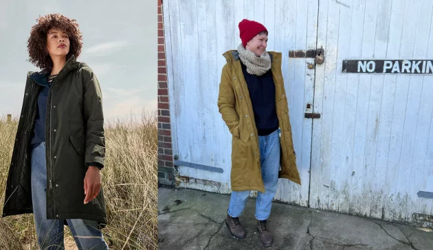 Mumsnet journalist Poppy O'Neill hand-testing the Seasalt Janelle coat in oak