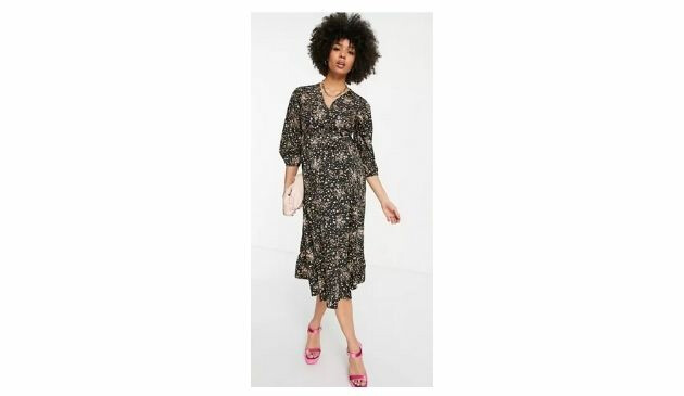 New Look Maternity wrap midi dress in black floral print
