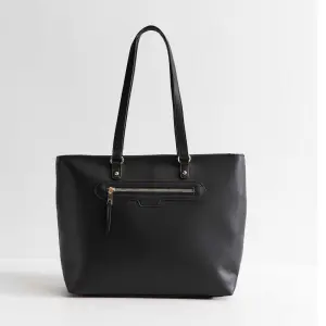 New Look Black Faux Leather Front Zip Pocket Tote Bag