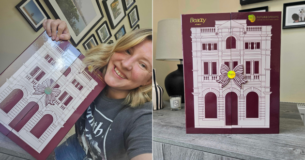 Editor Rebecca stood next to the Next Beauty Advent Calendar 2026