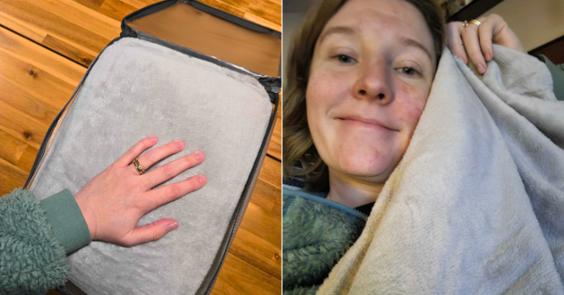 Rebecca Roberts tests the Next grey weighted blanket, showing the fabric and how soft it is