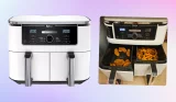 NINJA Foodi MAX Dual Zone AF400UKWH Air Fryer, product imagery and in use