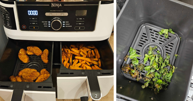 Ninja AF400UK Air Fryer cooking chips, chicken, and kale