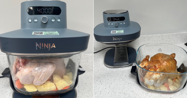 A view of chicken before and after with the Ninja Crispi Pro 7-in-1