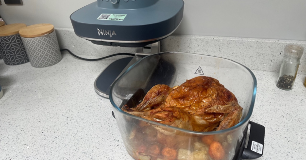 A view of a cooked chicken in the Ninja Crispi Pro 7-in-1 Air fryer