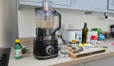 A testing image of the Ninja Detect Power Blender and Processor while it makes hummus
