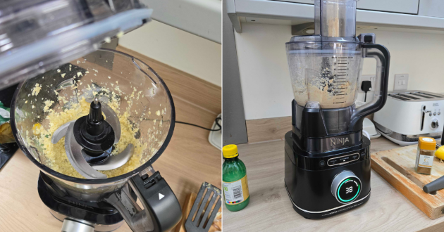 Before and during creating hummus with the Ninja Detect Power Blender