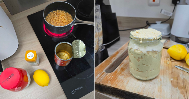 Before and after pictures showing hummus created with the Ninja Detect Power Blender