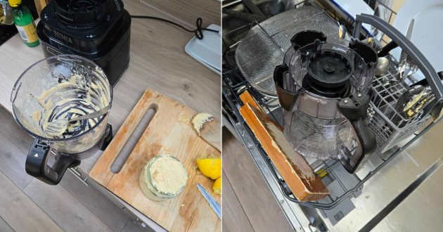 The Ninja Detect Power Blender shown in the dishwasher after making hummus