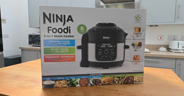 A close up of the Ninja Foodi 9-in-1 multi cooker in its box