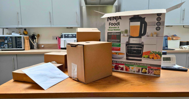 Ninja Foodi Blender and Soup Maker packaging and contents laid out during unboxing