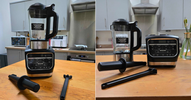 The Ninja Foodi Blender and Soup Maker shown assembled and apart on a kitchen worktop with the included accessories