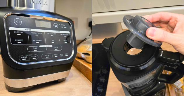A close up of the Ninja Foodie Blender and Soup Maker's control panel and lid
