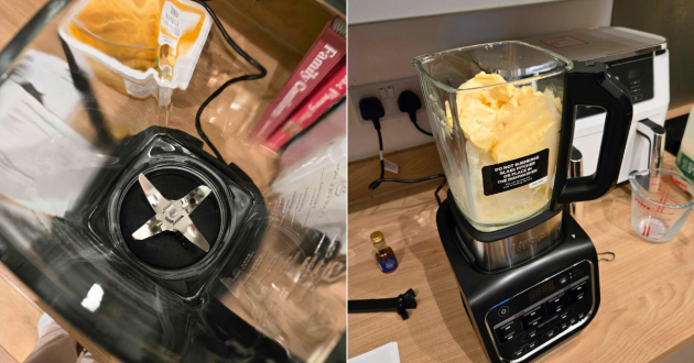 Top view of the Ninja Foodi Blender and Soup Maker lid with tamper and cleaning brush