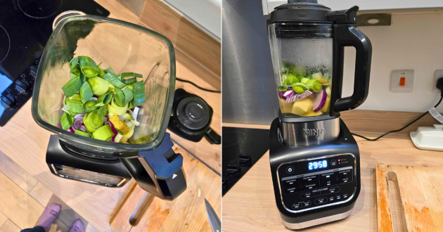 Soup ingredients inside the Ninja Foodi Blender and Soup Maker before cooking begins