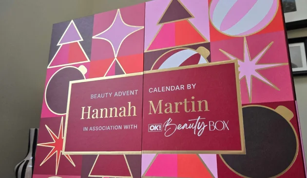 Closed OK! Beauty Advent Calendar 2026 by Hannah Martin, decorated with pink, burgundy and gold festive shapes